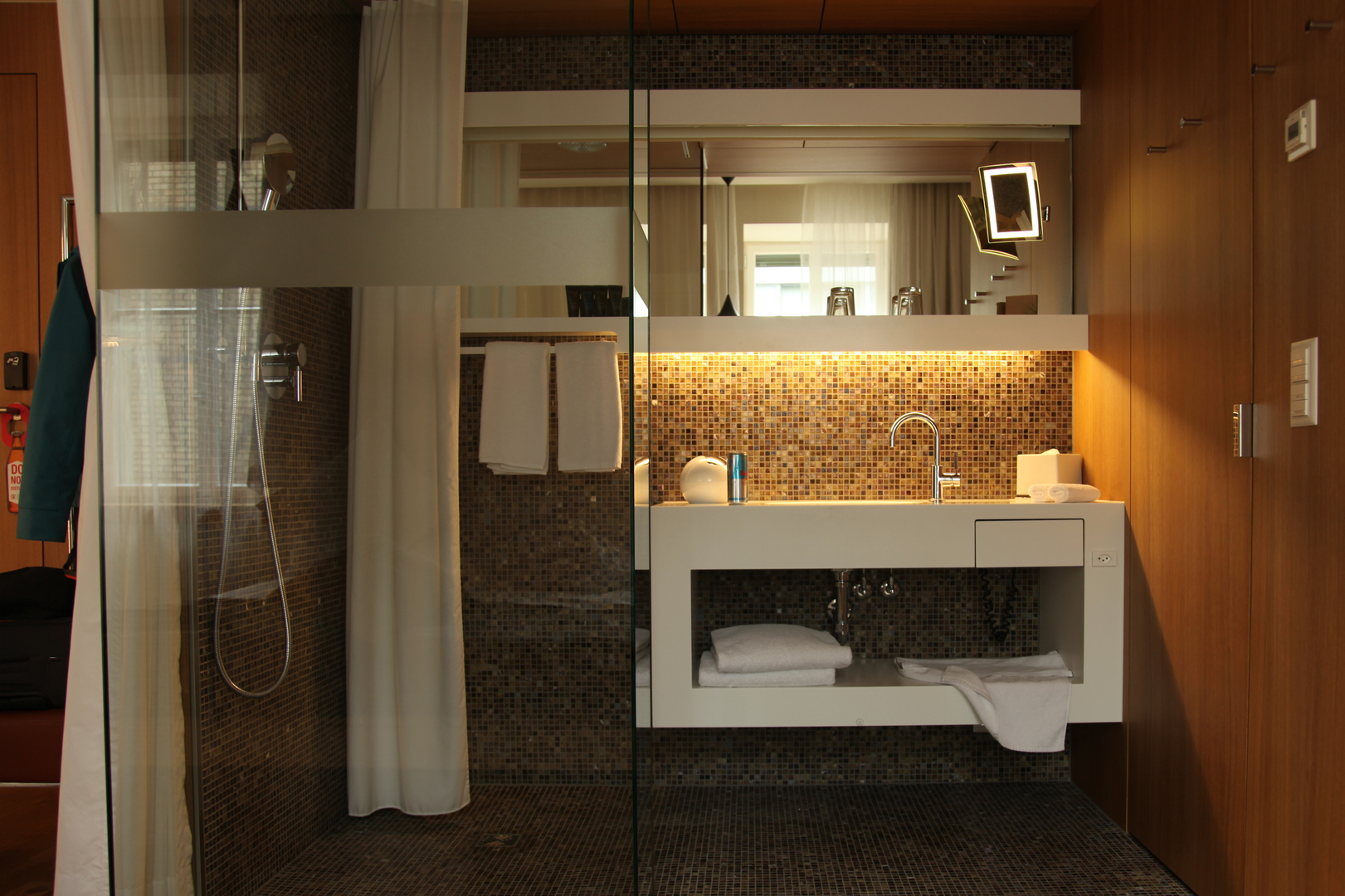 A hotel bathroom, depicting a geometric pattern
